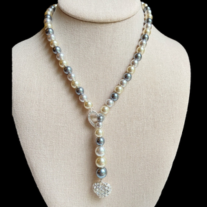 Avon Y style tri color faux pearl necklace rhinestone pave hearts in silvertone